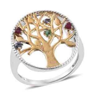 Multi Gemstone ION Plated YG Tree of Life Ring